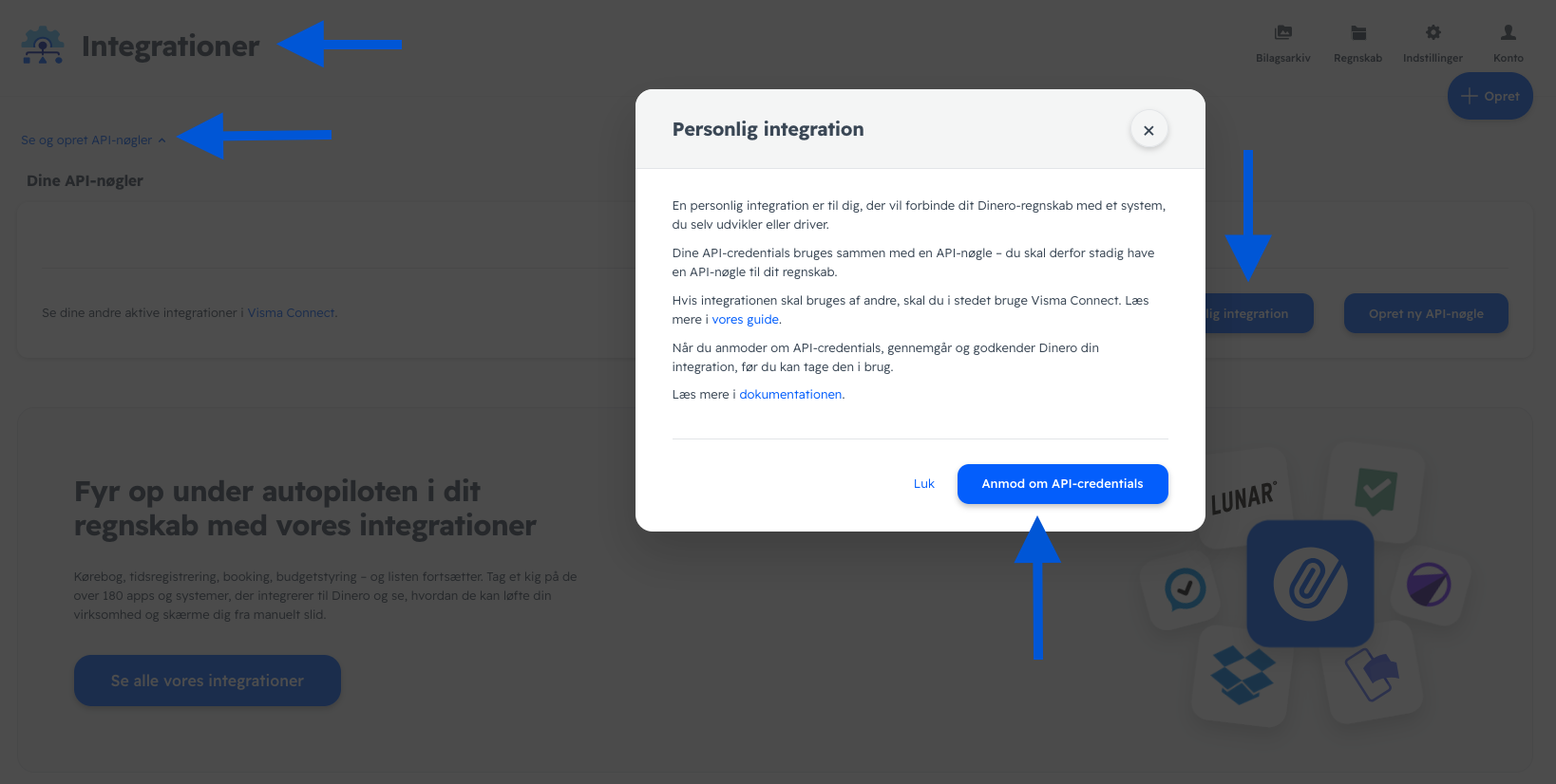 screenshot showing how to apply for a personal integration