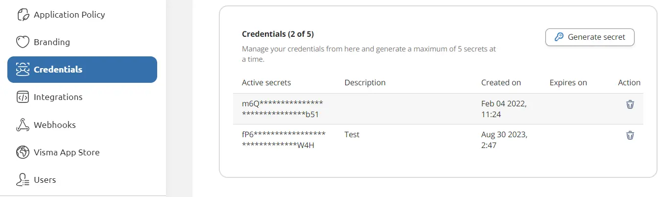 screenshot showing the credentials page with a secret